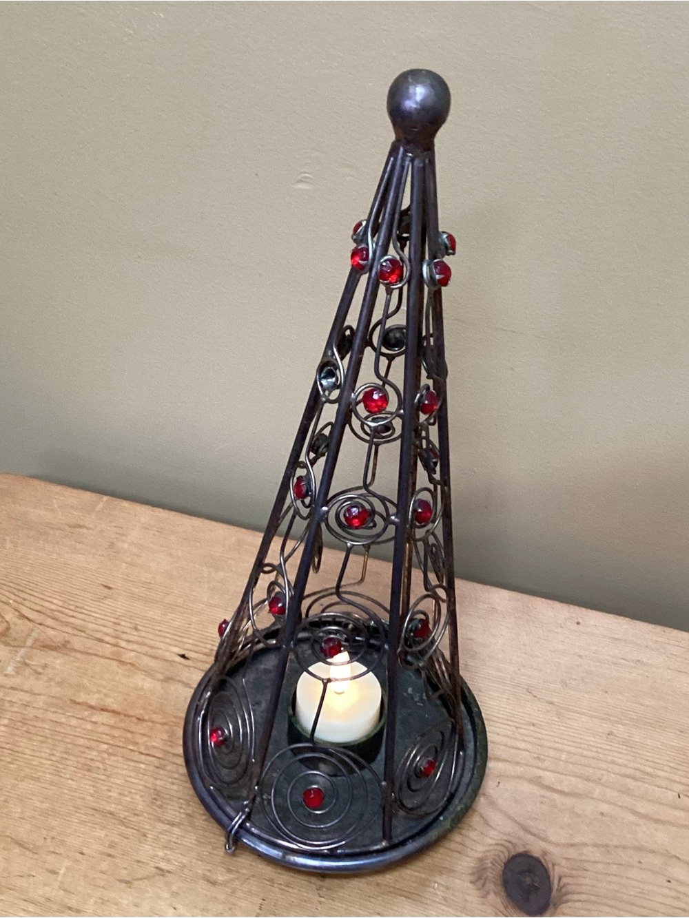13” Metal Tea light Christmas Tree Holder with Red Gem Accents -